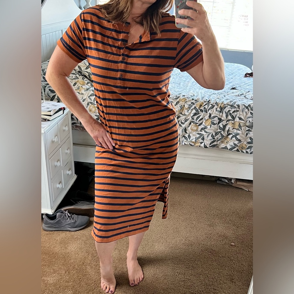 Striped Brown and Navy Henley T-shirt Maxi Dress